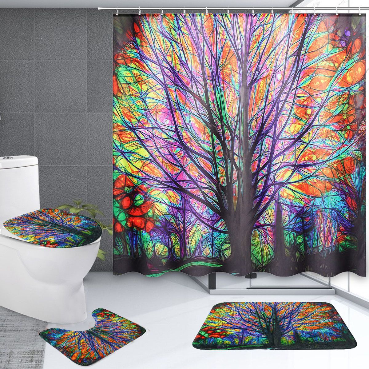 180x180cm-Colorful-Tree-Leaves-Waterproof-Bathroom-Shower-Curtain-w-12-Hooks-1558895