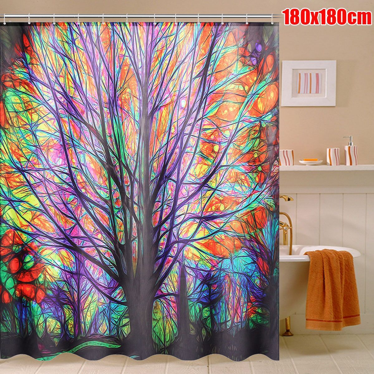 180x180cm-Colorful-Tree-Leaves-Waterproof-Bathroom-Shower-Curtain-w-12-Hooks-1558895