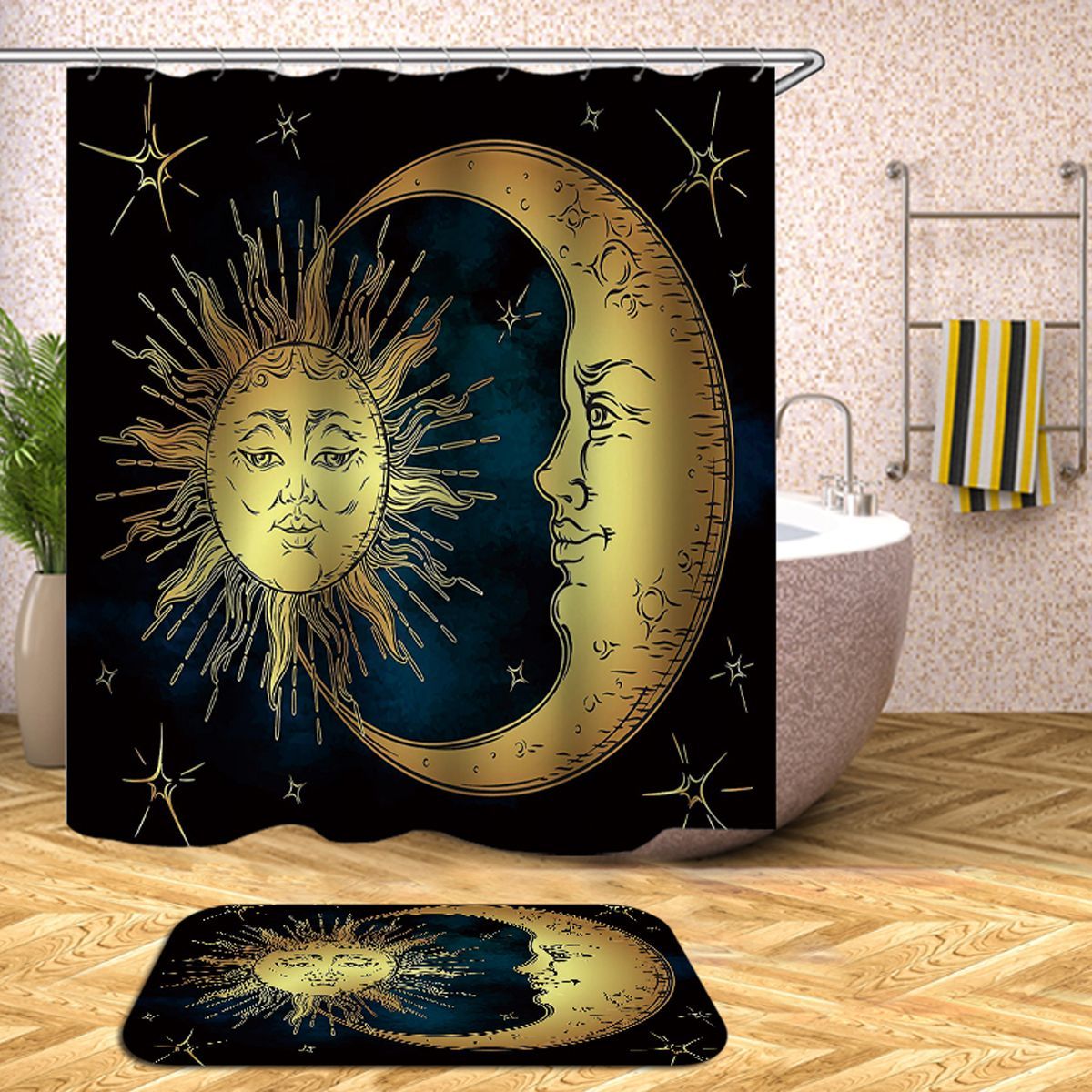180x180cm-Sun-Bathroom-Waterproof-Polyester-Fabric-Shower-Curtains-With-12-Hooks--Toilet-Mat-Rug-1554535