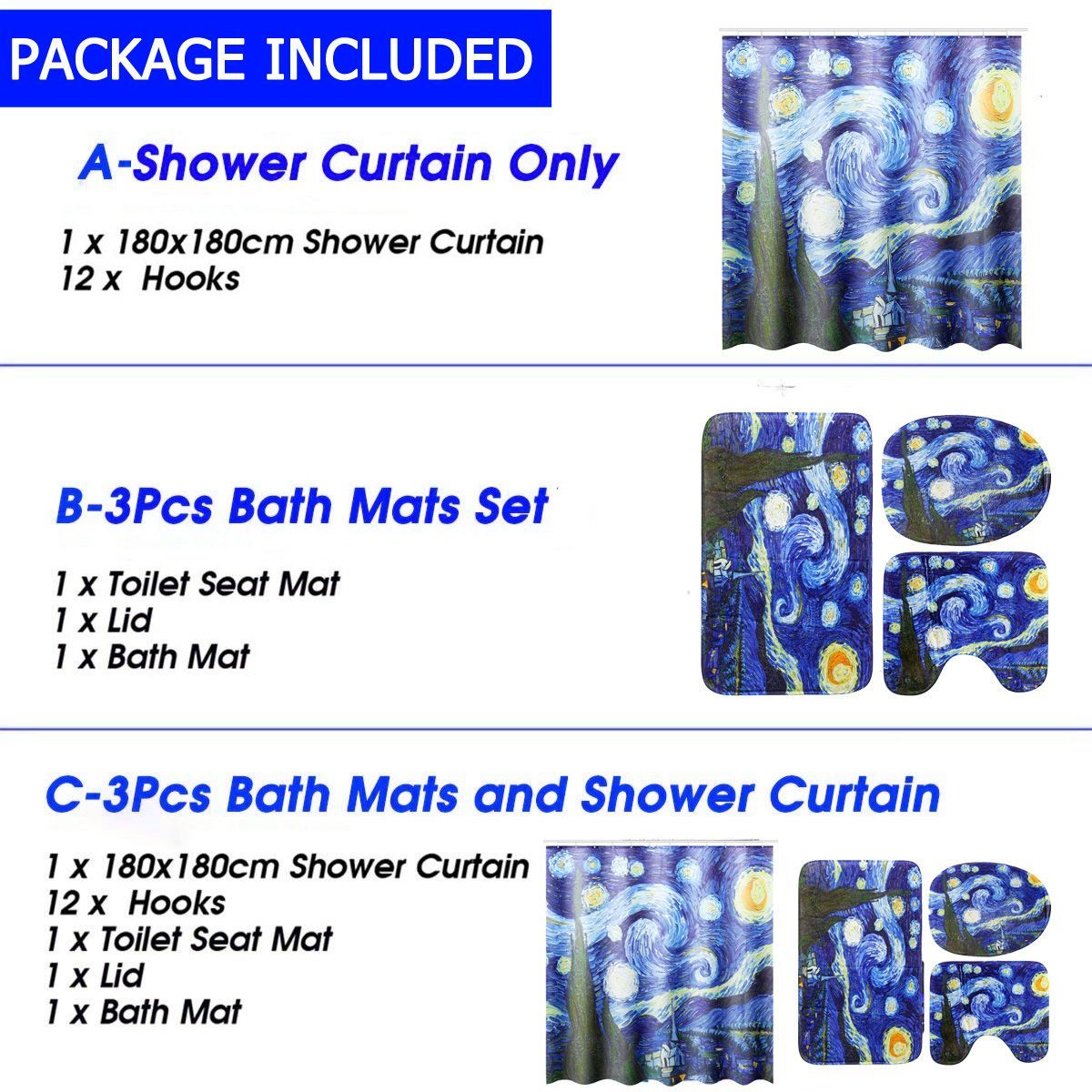 180x180cm-The-Starry-Night-Pattern-Bathroom-Waterroof-Shower-Curtains-Toliet-Mat-12-Hooks-1554537