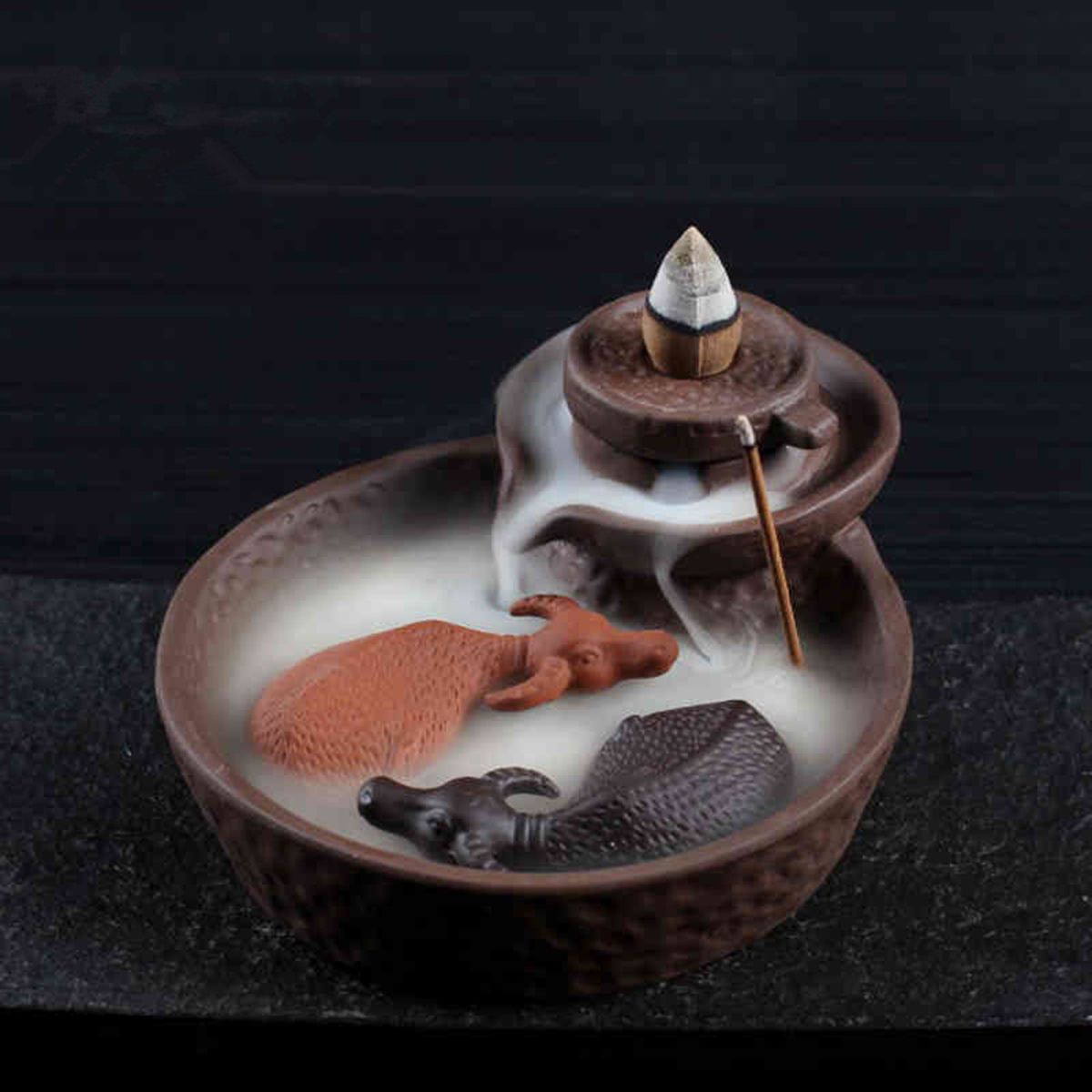 2-Buffalo-Ceramic-Backflow-Incense-Burner-Cones-Holder-Sticks-Censer-Buddhist-Decor-1391904