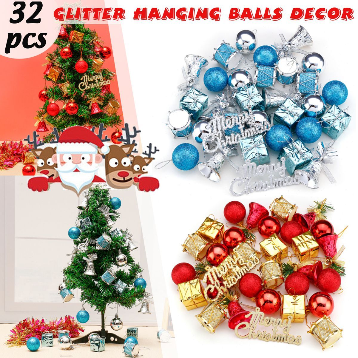 32PCS-Christmas-Xmas-Tree-Decorations-Hanging-Ornaments-Baubles-Balls-Drums-Bells-1372969