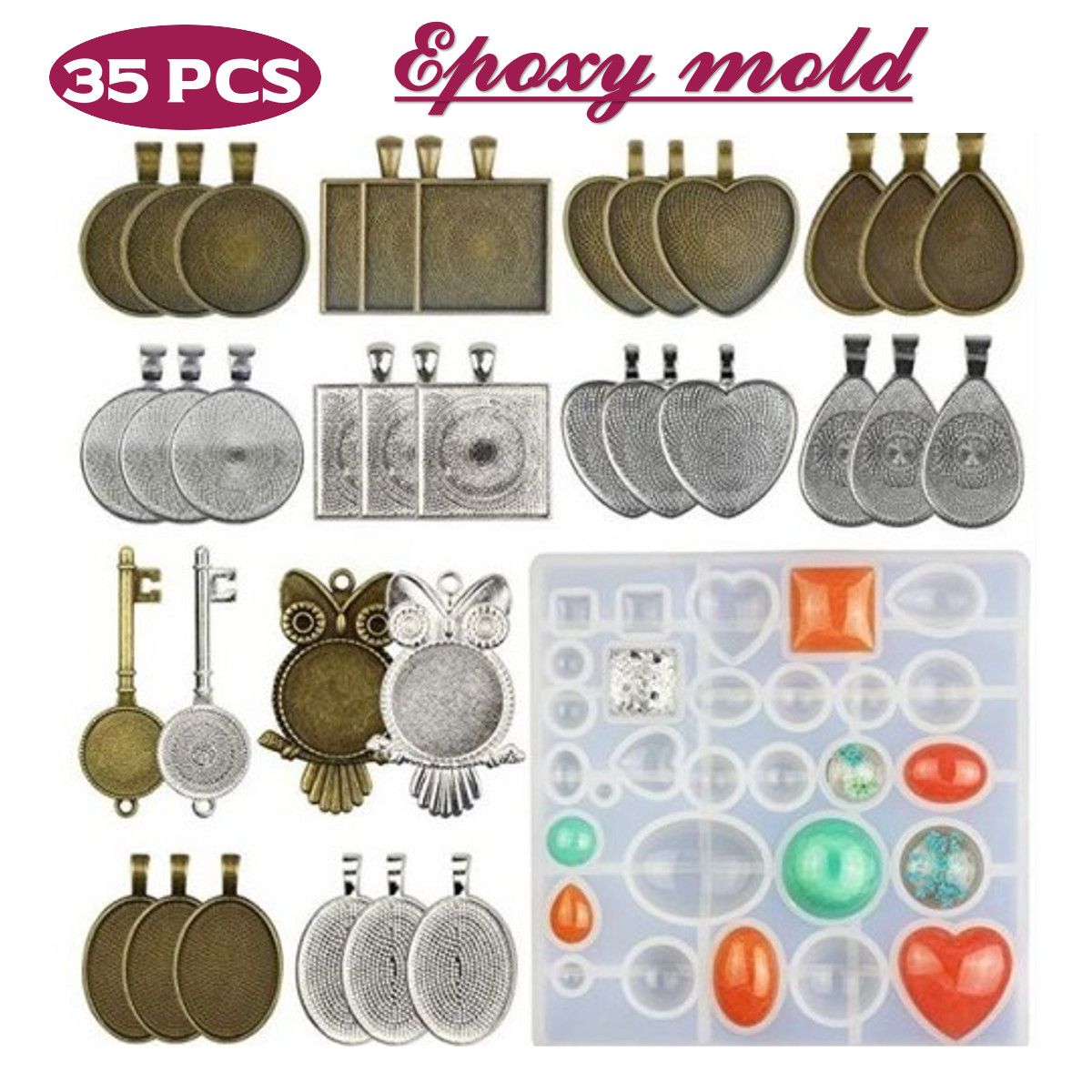 35PcsSet-Pendant-Trays-Set-DIY-Jewelry-Bezel-Making-Crystal-Bracelet-Pendant-Silicone-Resin-Mould-Je-1625837