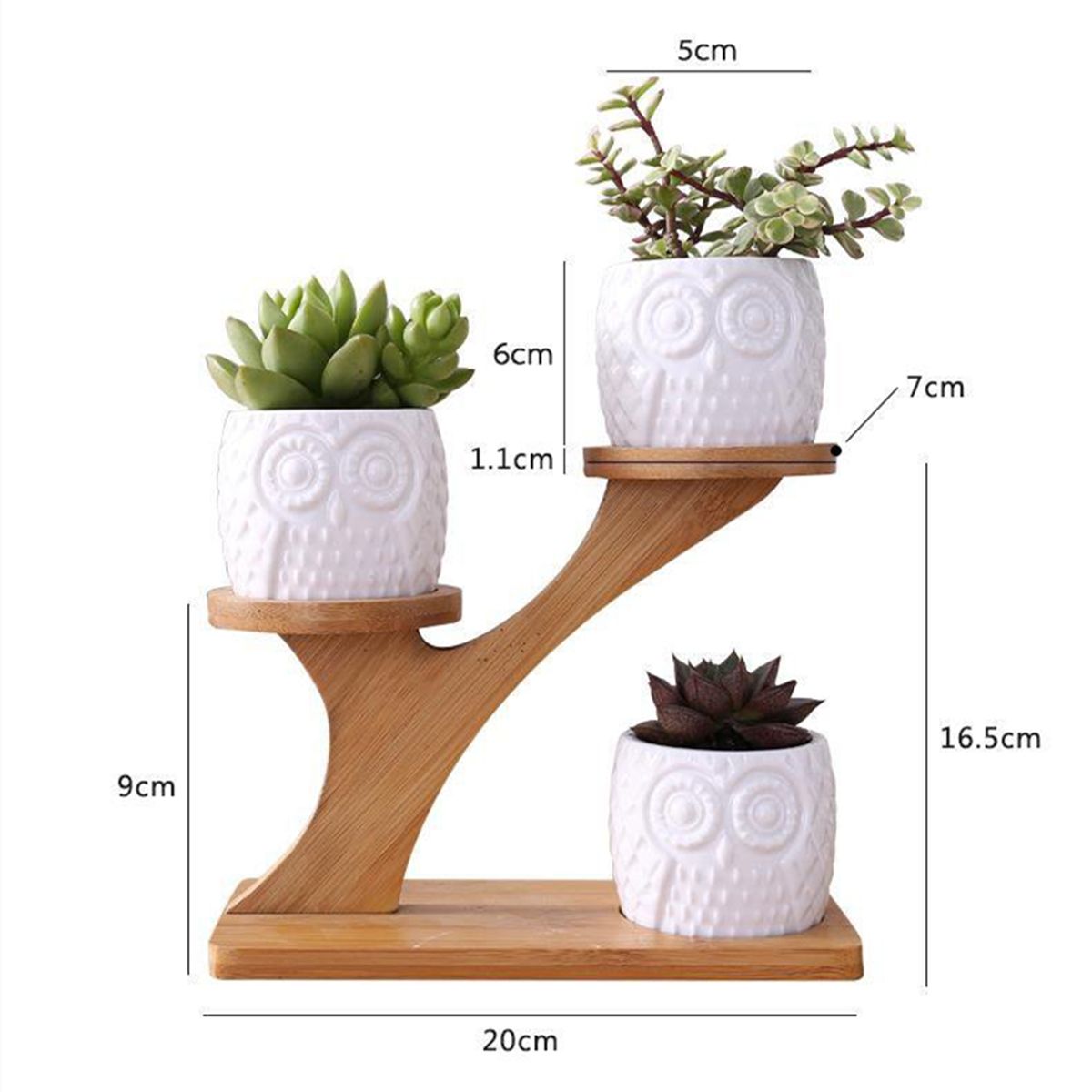3Pcs-Owl-Succulent-Pot-Ceramic-Garden-Flower-Planter-Holder-Bamboo-Stand-Sets-1493607