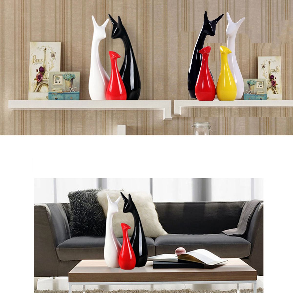 3PcsSet-Deer-Family-Ceramic-Figurine-Porcelain-Decorations-Black-White-Red-1454526