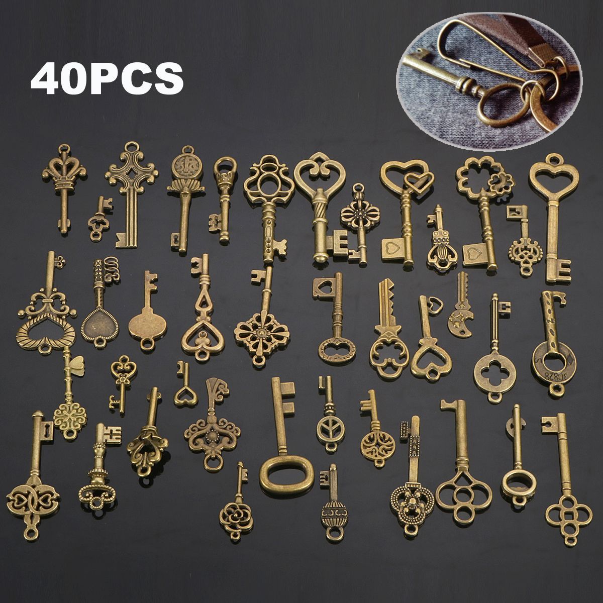 40Pcs-Antique-Vtg-Old-Look-Ornate-Skeleton-Keys-Lot-Pendant-Fancy-Heart-1255207