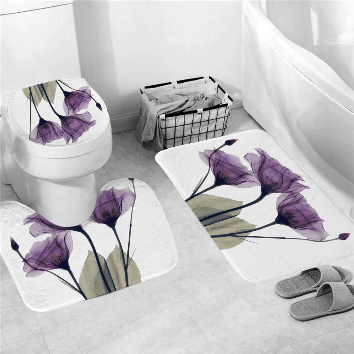 4Pcs-Waterproof-Home-Bathroom-Bath-Mat-Set-Anti-Slip-Rugs-Toilet-Lid-Cover-Shower-Curtain-1526083