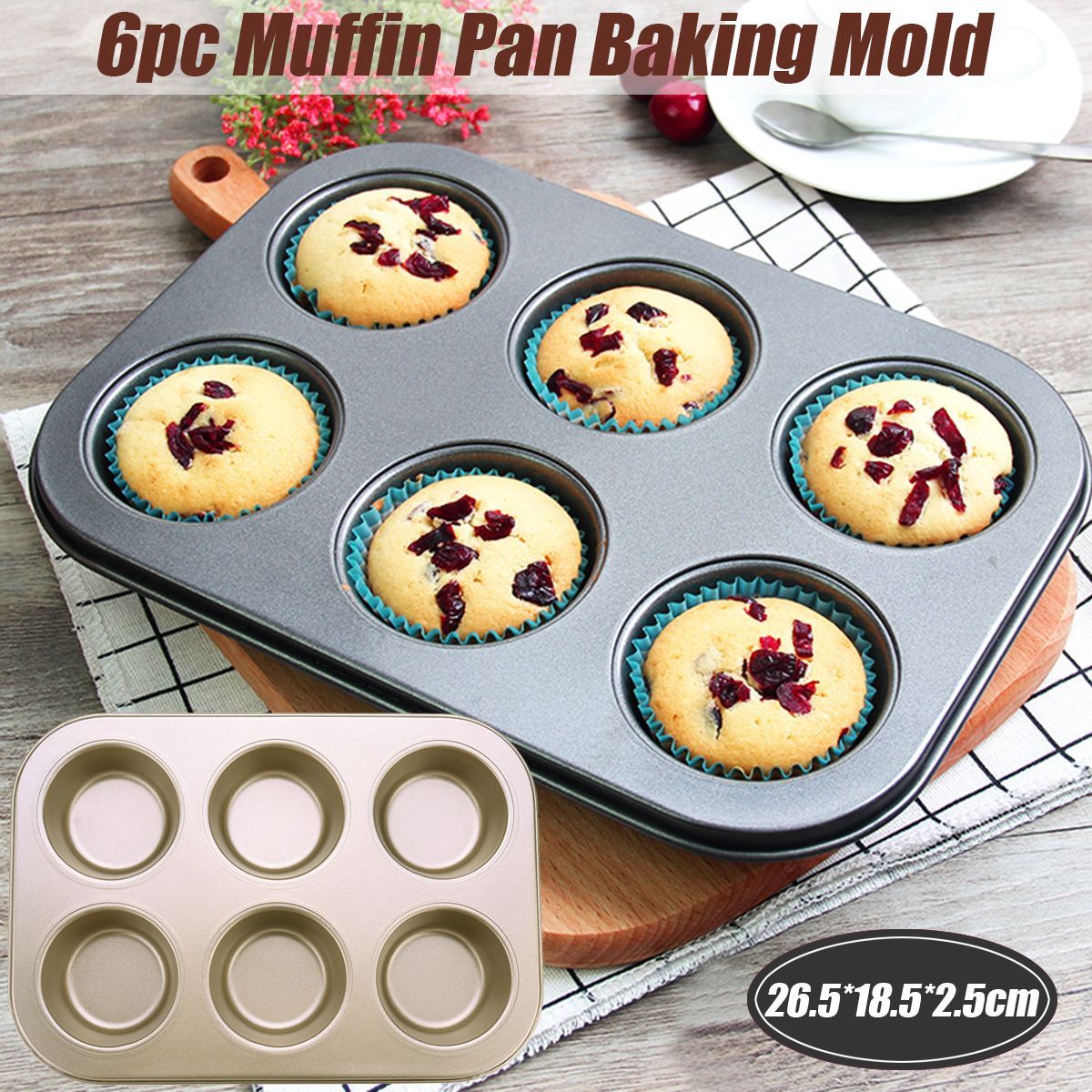 6pc-Muffin-Pan-Baking-Cooking-Tray-Mould-Round-Bake-Cup-Cake-GoldBlack-1502152