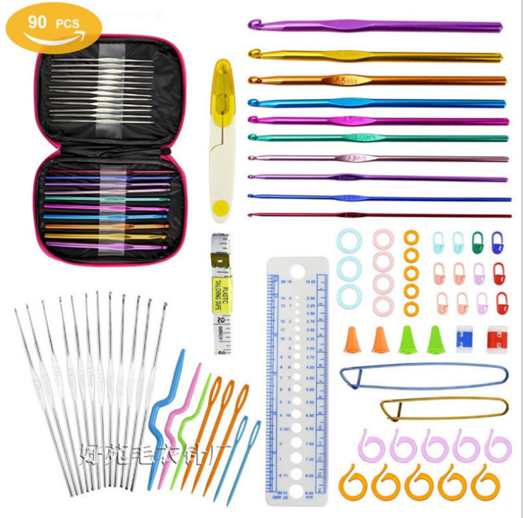 90pcs-Crochet-Hook-Kit-Yarn-Knitting-Needles-Sewing-Tool-Ergonomic-Grip-Bag-Set-1761637