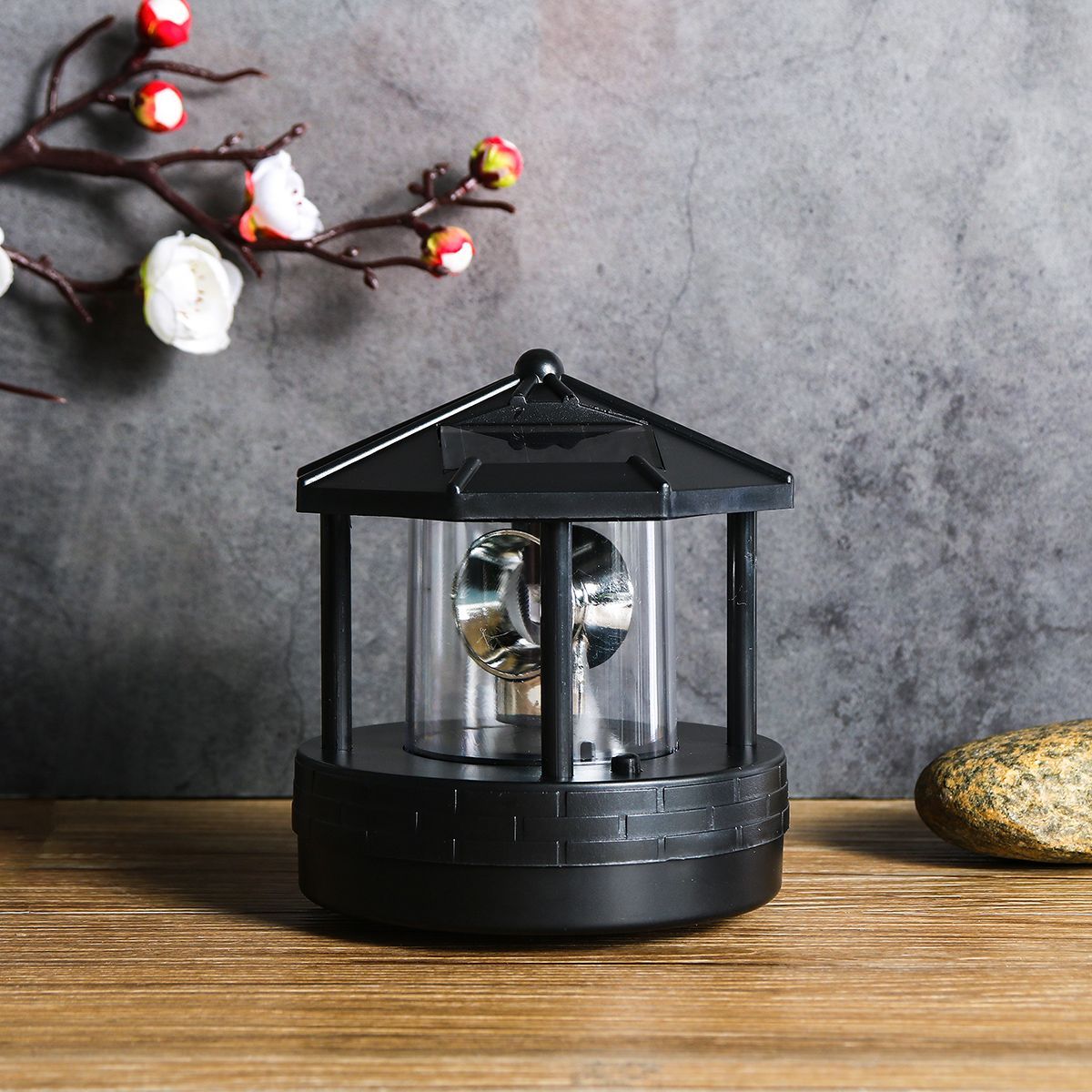 Black-LED-Solar-Powered-Lighthouse-360deg-Rotating-Light-Outdoor-Garden-Desk-Lamp-1576645