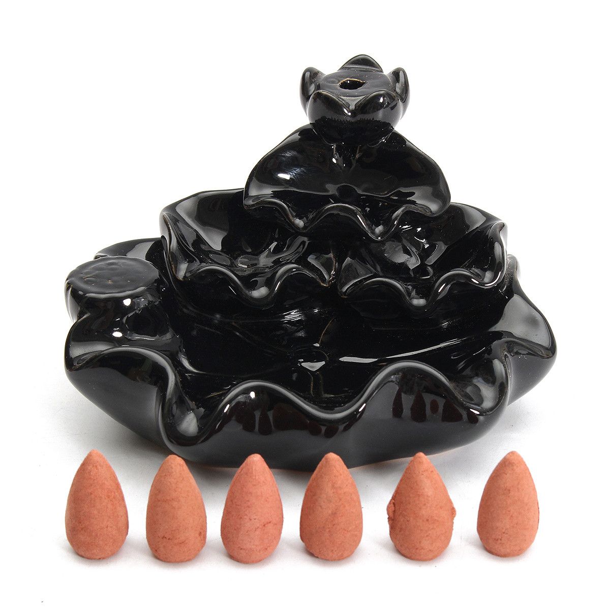 Black-Porcelain-Tower-Backflow-Incense-Burner-Ceramic-Buddhist-Cone-Holder-w-6Pcs-Incense-Cones-1357068