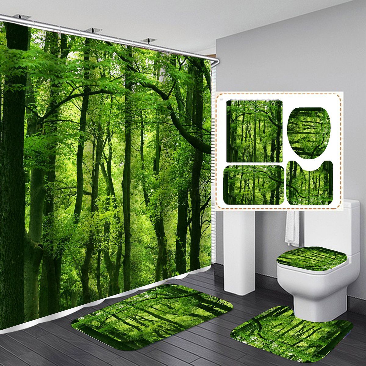 Green-Forest-Waterproof-Shower-Curtain-Bathroom-Toilet-Cover-Mat-Rug-Pad-Set-1573177