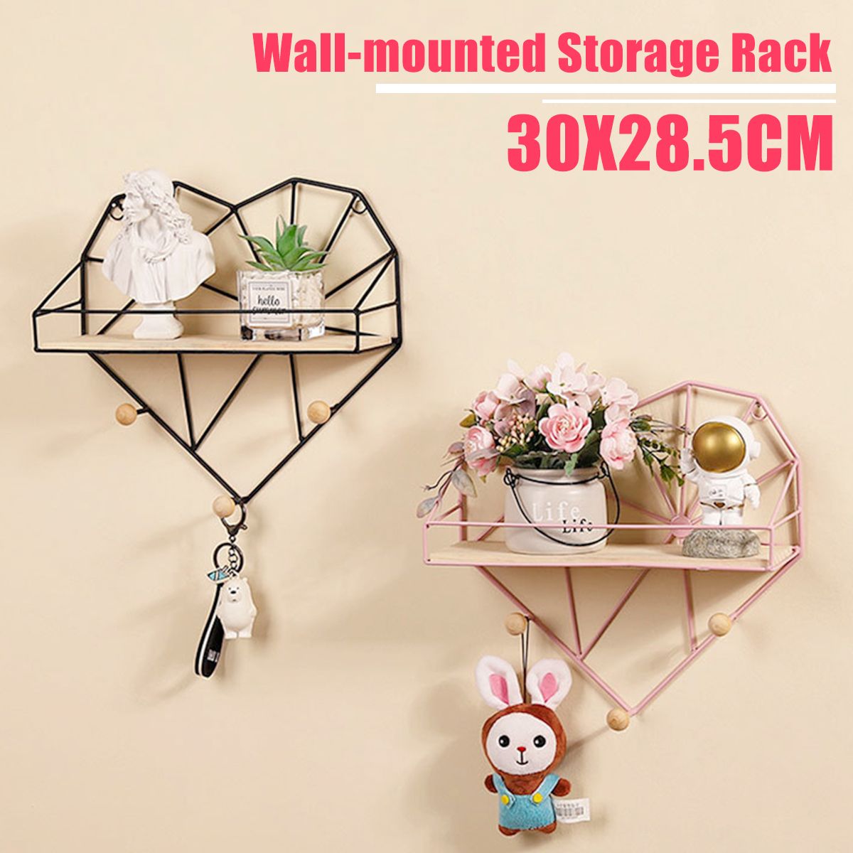 Heart-Shaped-Metal-Wire-amp-Wooden-Rack-Wall-Unit-Hanging-Shelf-1726195