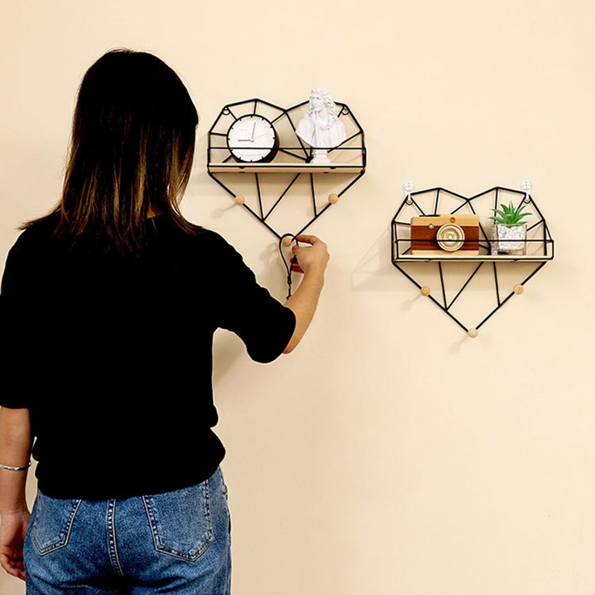 Heart-Shaped-Metal-Wire-amp-Wooden-Rack-Wall-Unit-Hanging-Shelf-1726195