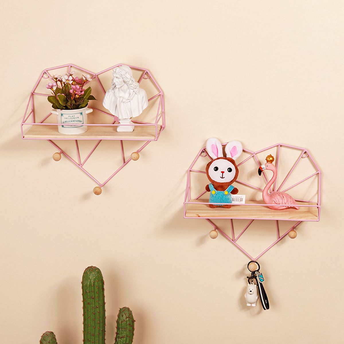 Heart-Shaped-Metal-Wire-amp-Wooden-Rack-Wall-Unit-Hanging-Shelf-1726195