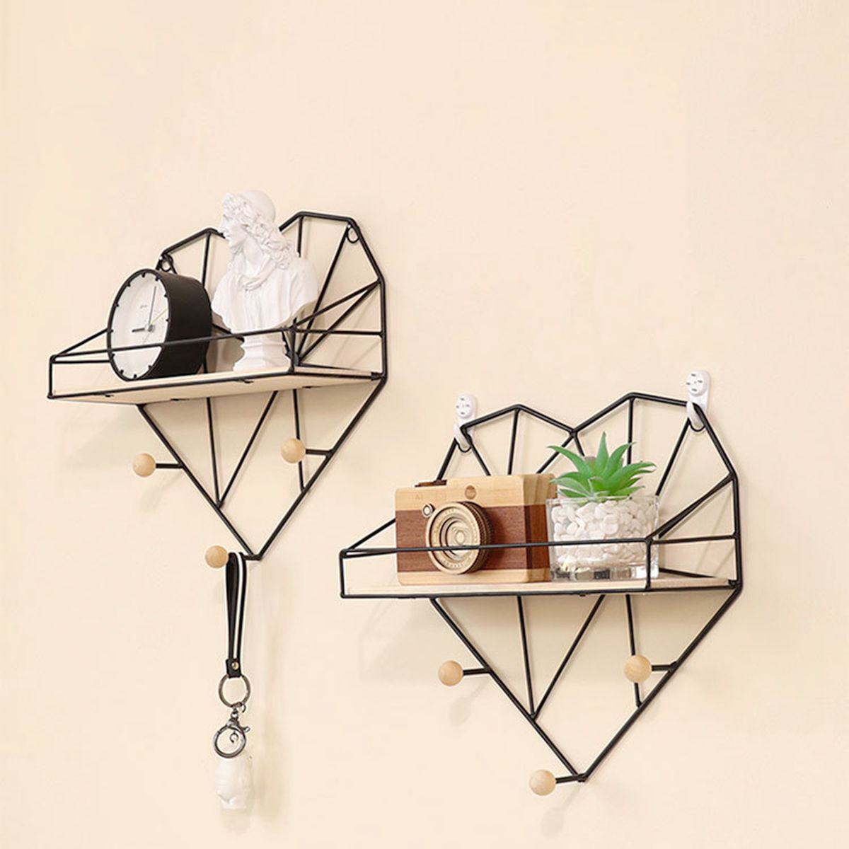 Heart-Shaped-Metal-Wire-amp-Wooden-Rack-Wall-Unit-Hanging-Shelf-1726195