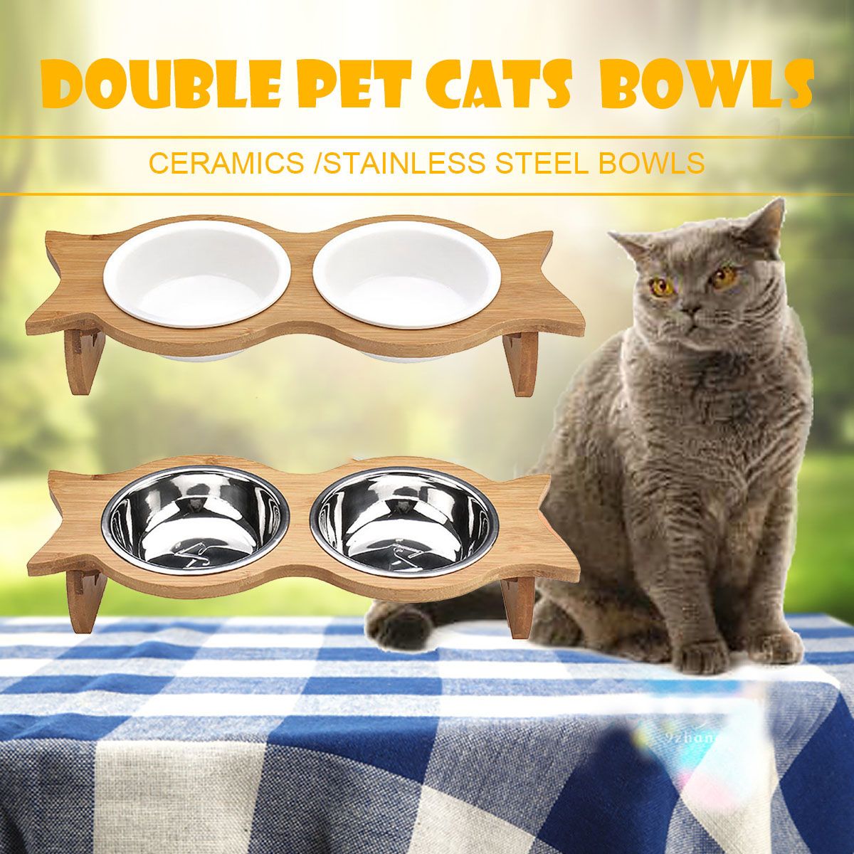 Large-Double-Pet-Bowl-Feeder-Cat-Dog-Food-Pot-Stand-Puppy-Stainless-SteelCeramics-1572037