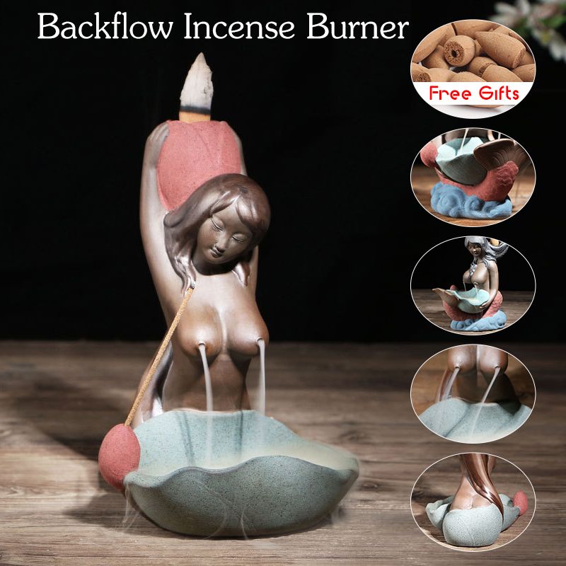Mermaid-Ceramic-Incense-Burner-Backflow-Glaze-Censer-Cone-Holder-Decor-Crafts-1392940