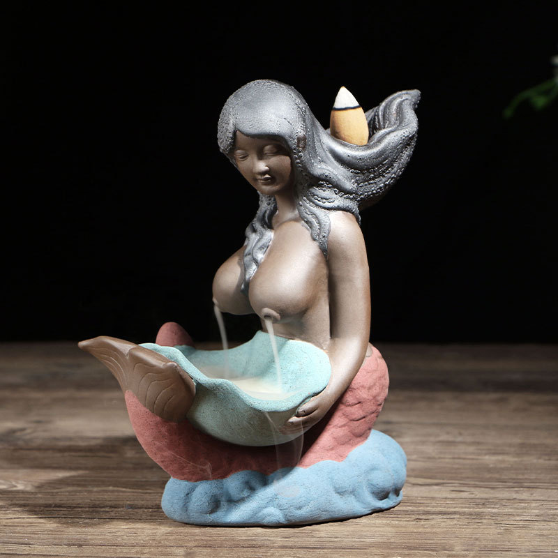 Mermaid-Ceramic-Incense-Burner-Backflow-Glaze-Censer-Cone-Holder-Decor-Crafts-1392940