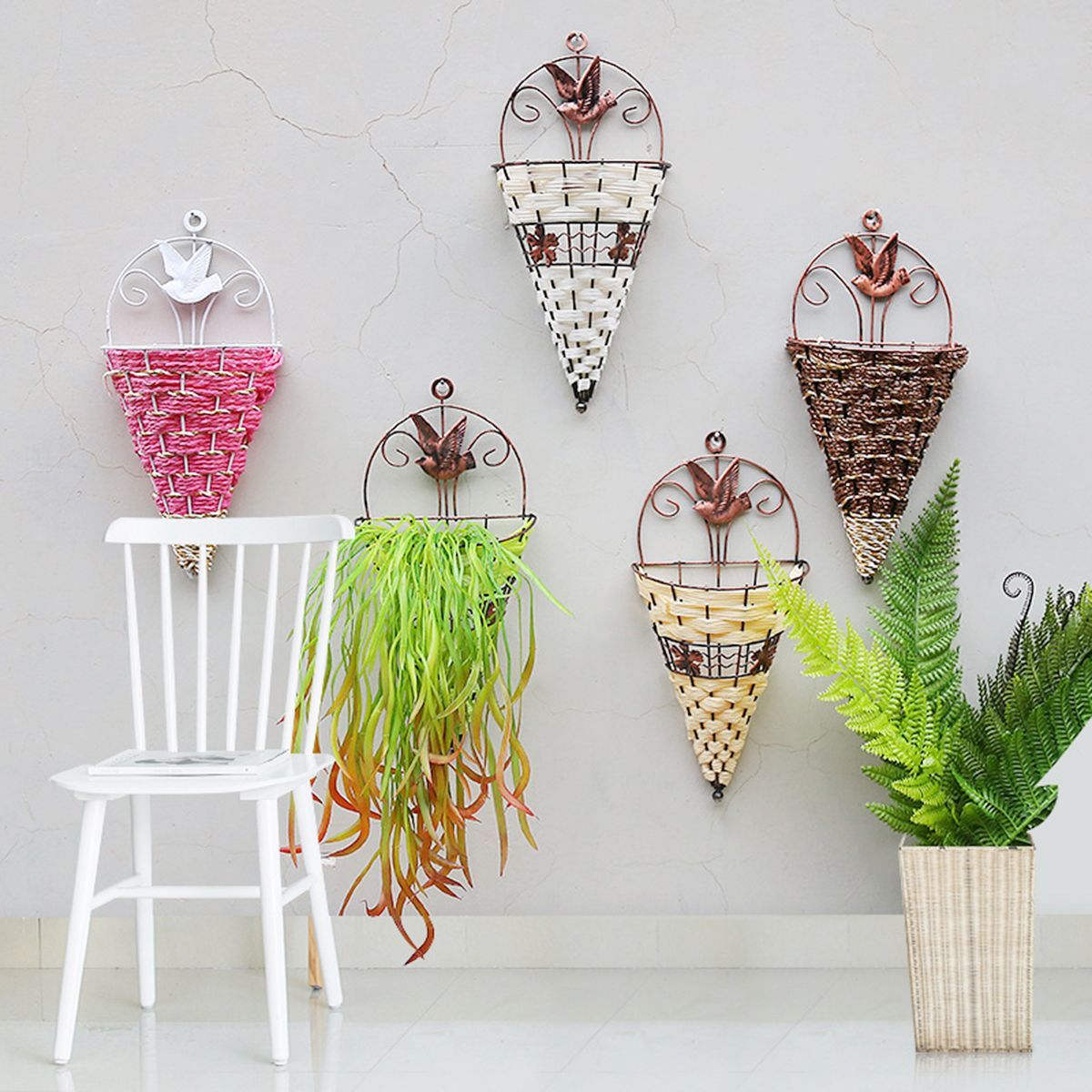 Rattan-Hanging-Wall-Planter-Plant-Pot-Basket-Garden-Flower-Mounted-Holder-Cone-1490575