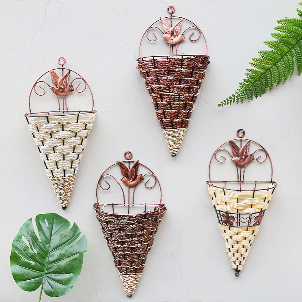 Rattan-Hanging-Wall-Planter-Plant-Pot-Basket-Garden-Flower-Mounted-Holder-Cone-1490575