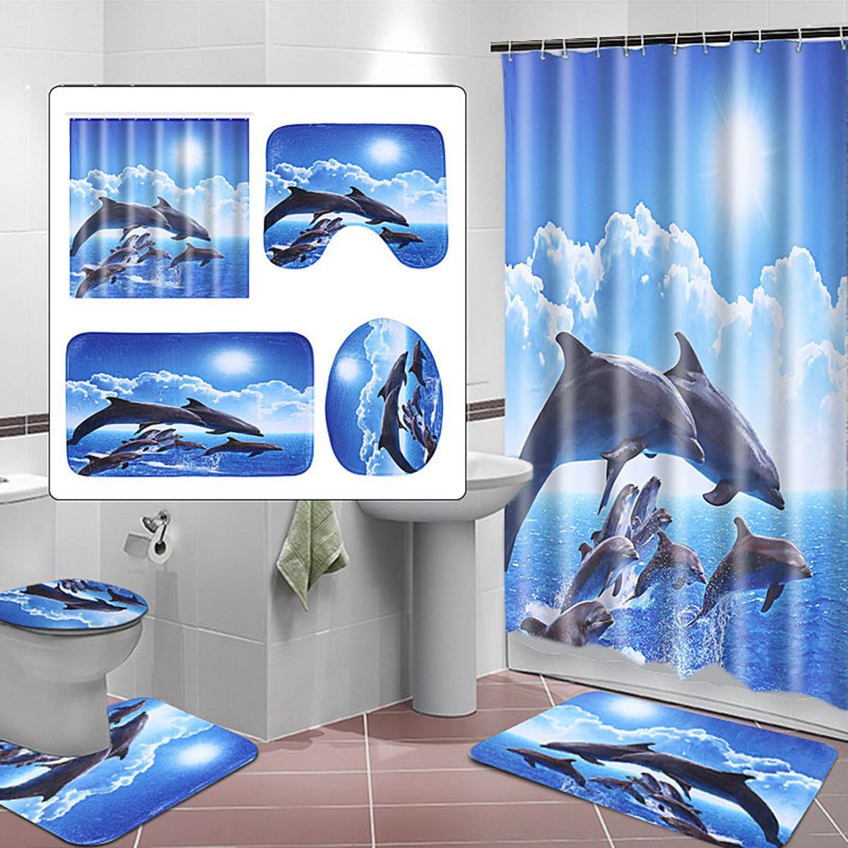 Shower-Curtain-Bath-Pad-Pedestal-Rug-Lid-Toilet-Cover-Art-Fashion-Dolphin-1575186