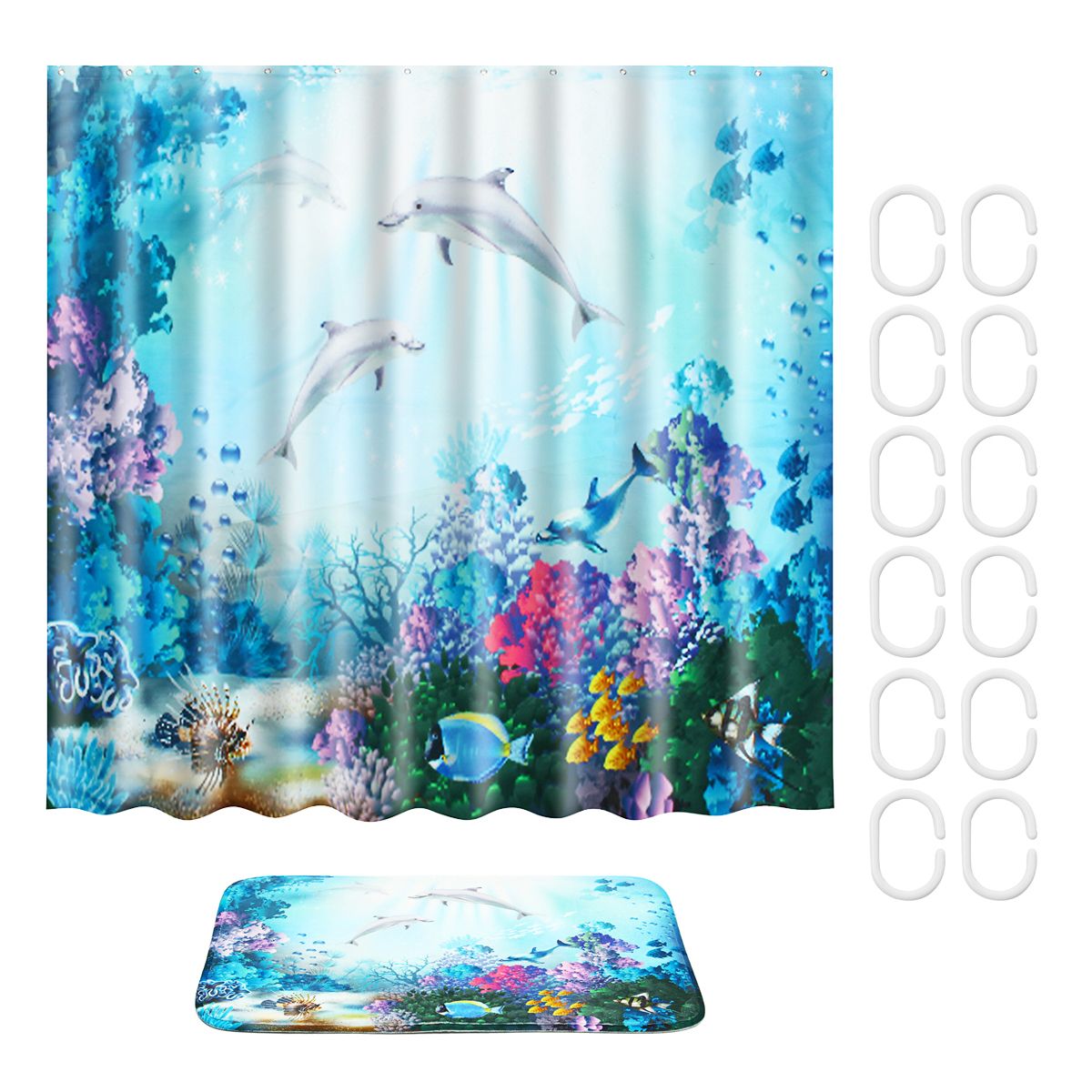 Waterproof-Shower-Curtain-Underwater-World-Dolphin-Bathroom-Mat-Hook-Home-1463568