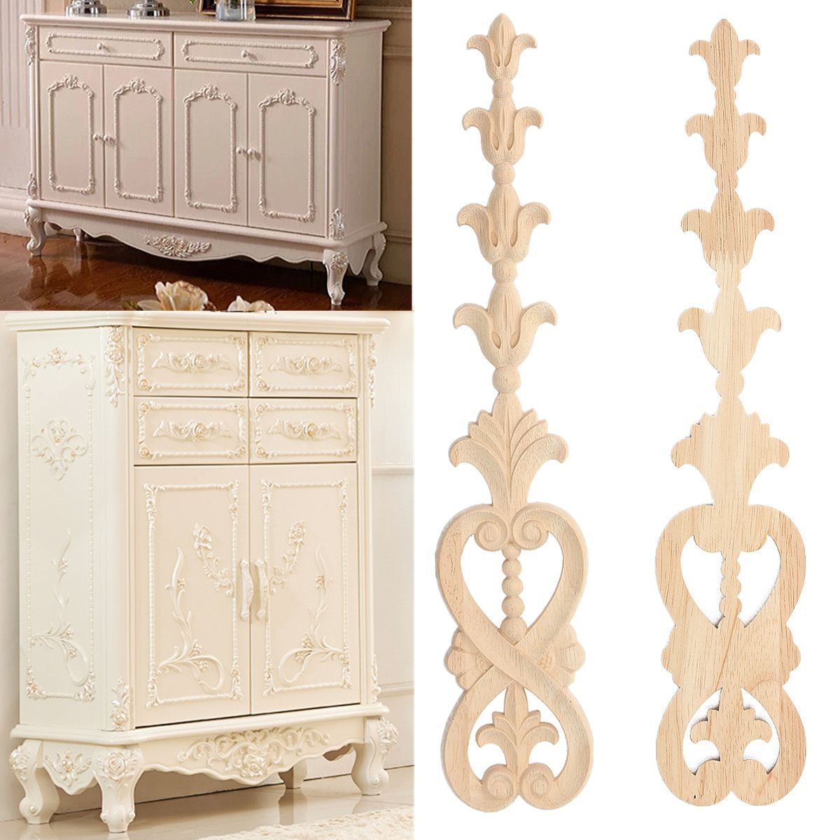 Wood-Carving-Applique-Unpainted-Flower-Onlay-Decal-Furniture-Cabinet-Door-Decor-36x7cm-1168354