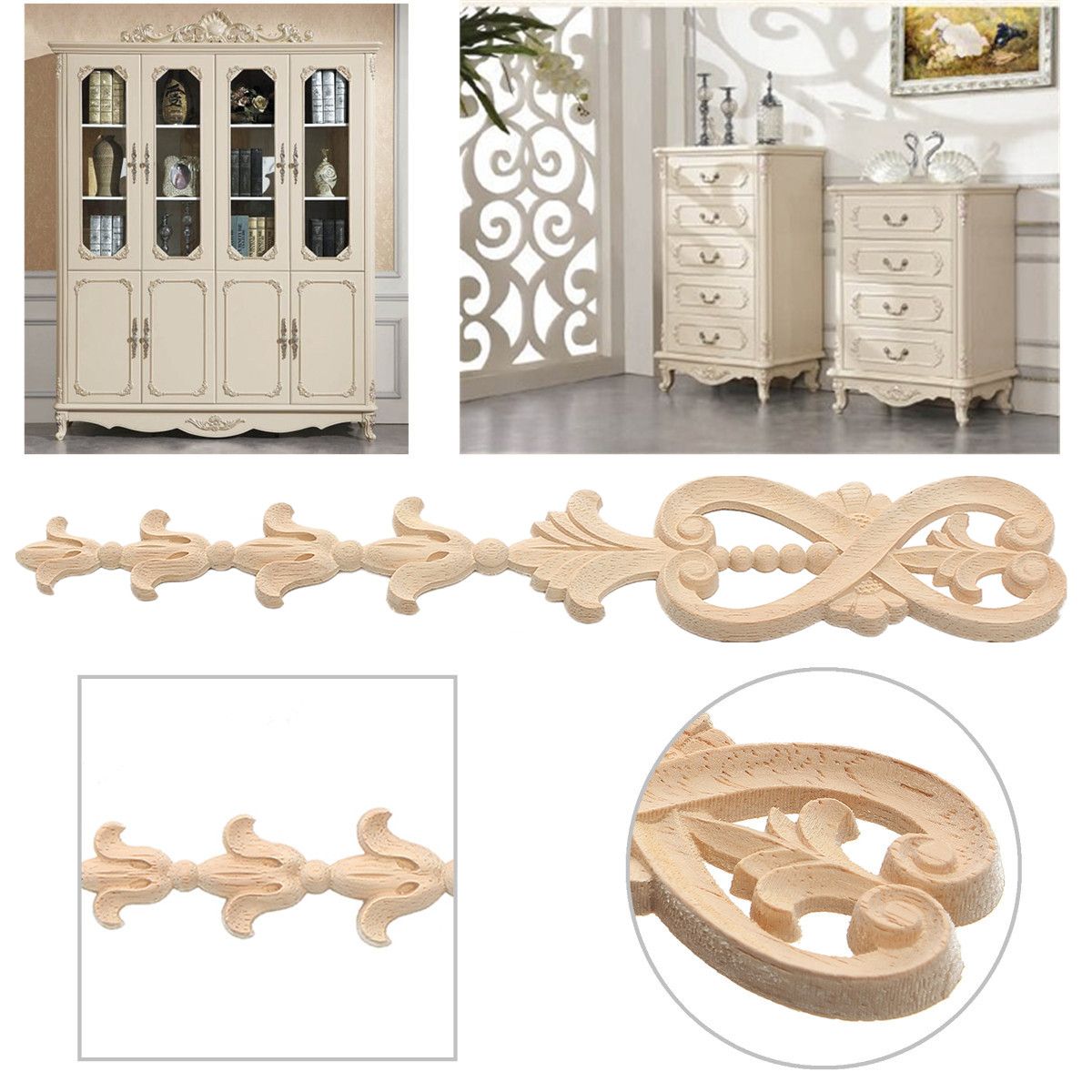 Wood-Carving-Applique-Unpainted-Flower-Onlay-Decal-Furniture-Cabinet-Door-Decor-36x7cm-1168354