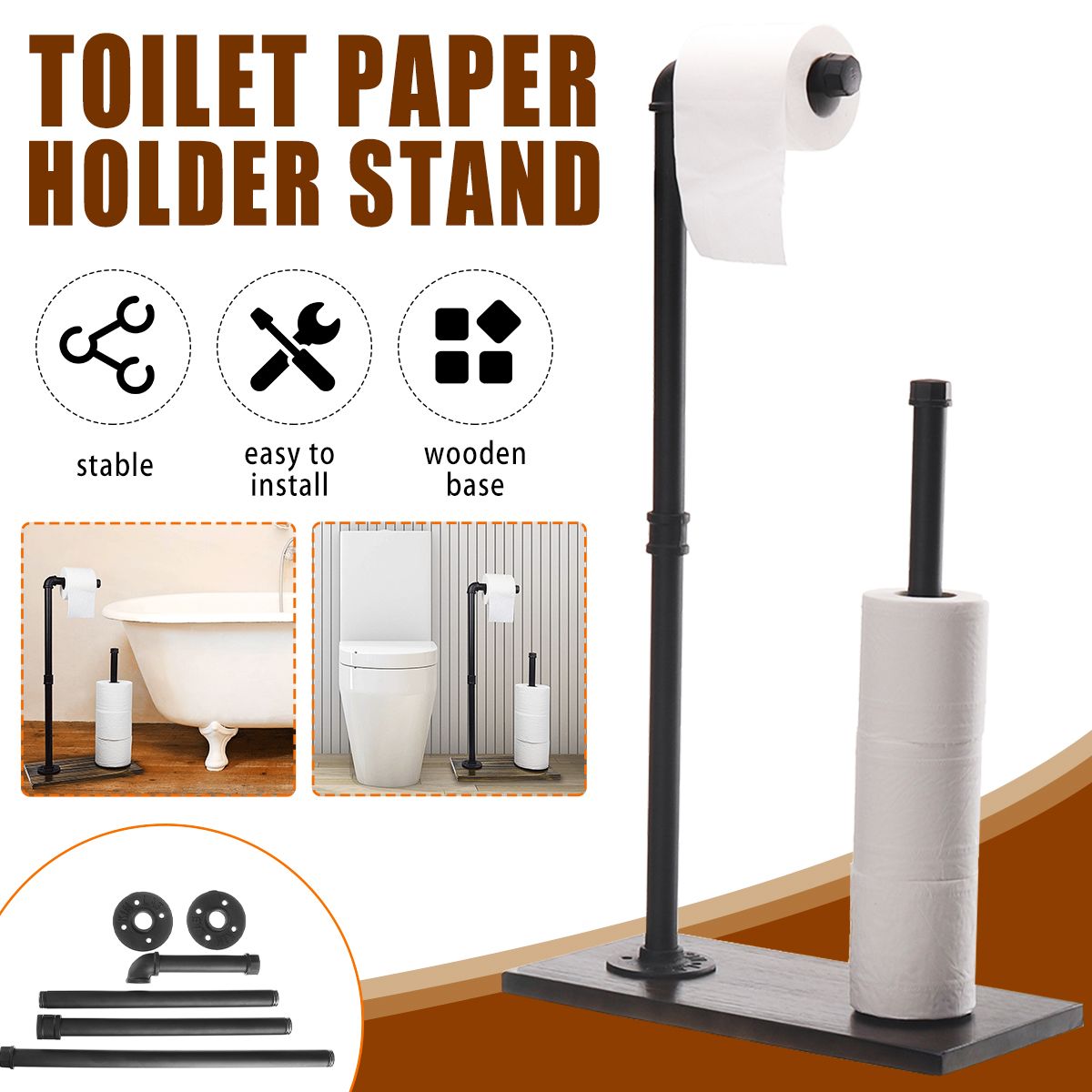 Wood-Paper-Towel-Holder-Stand-Free-Standing-Vintage-Toilet-Bathroom-Paper-Towel-Roll-Hold-Industrial-1723608