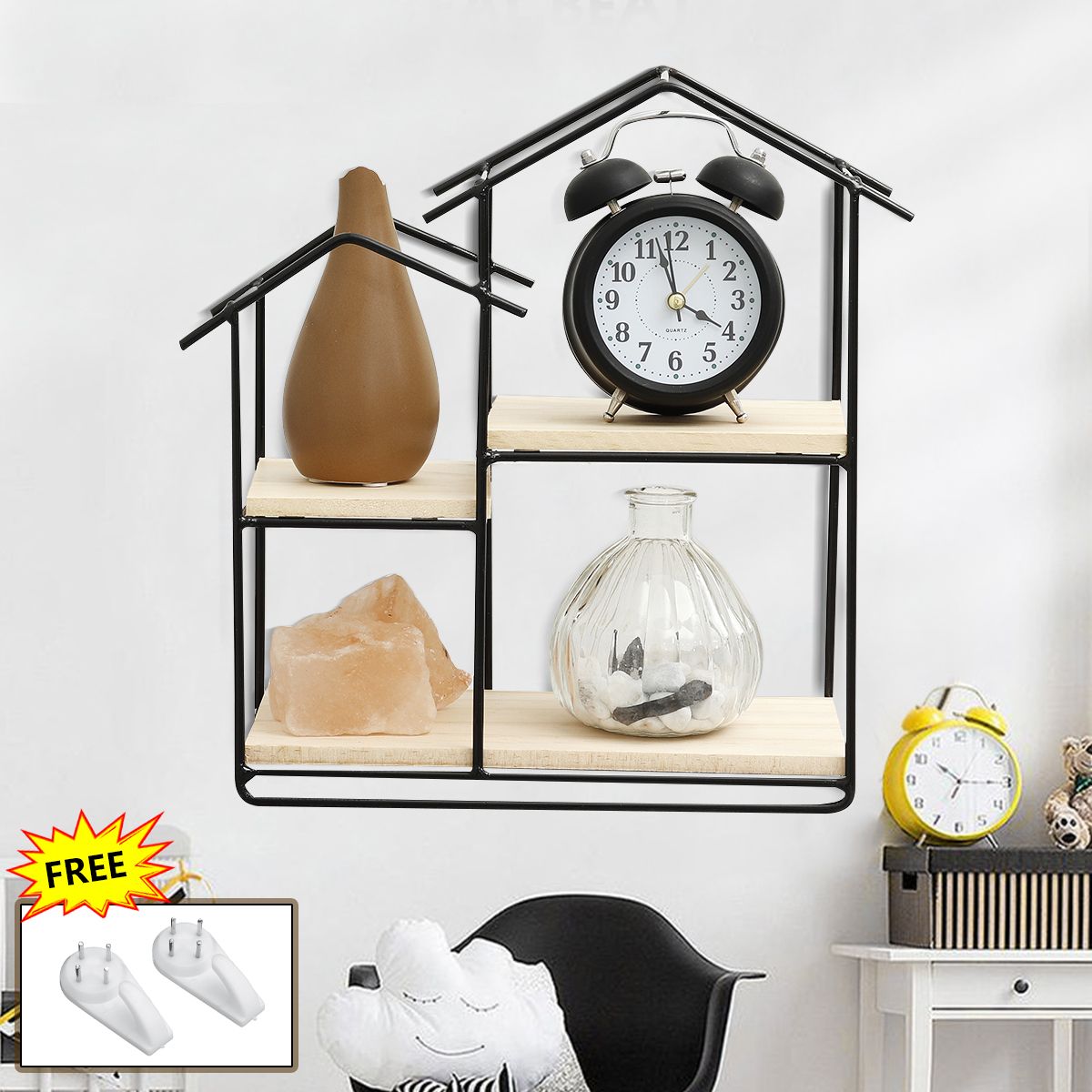 Wooden-Metal-Floating-Shelf-Wall-Mounted-Storage-Display-Rack-House-Home-Shaped-Shelf-1761607