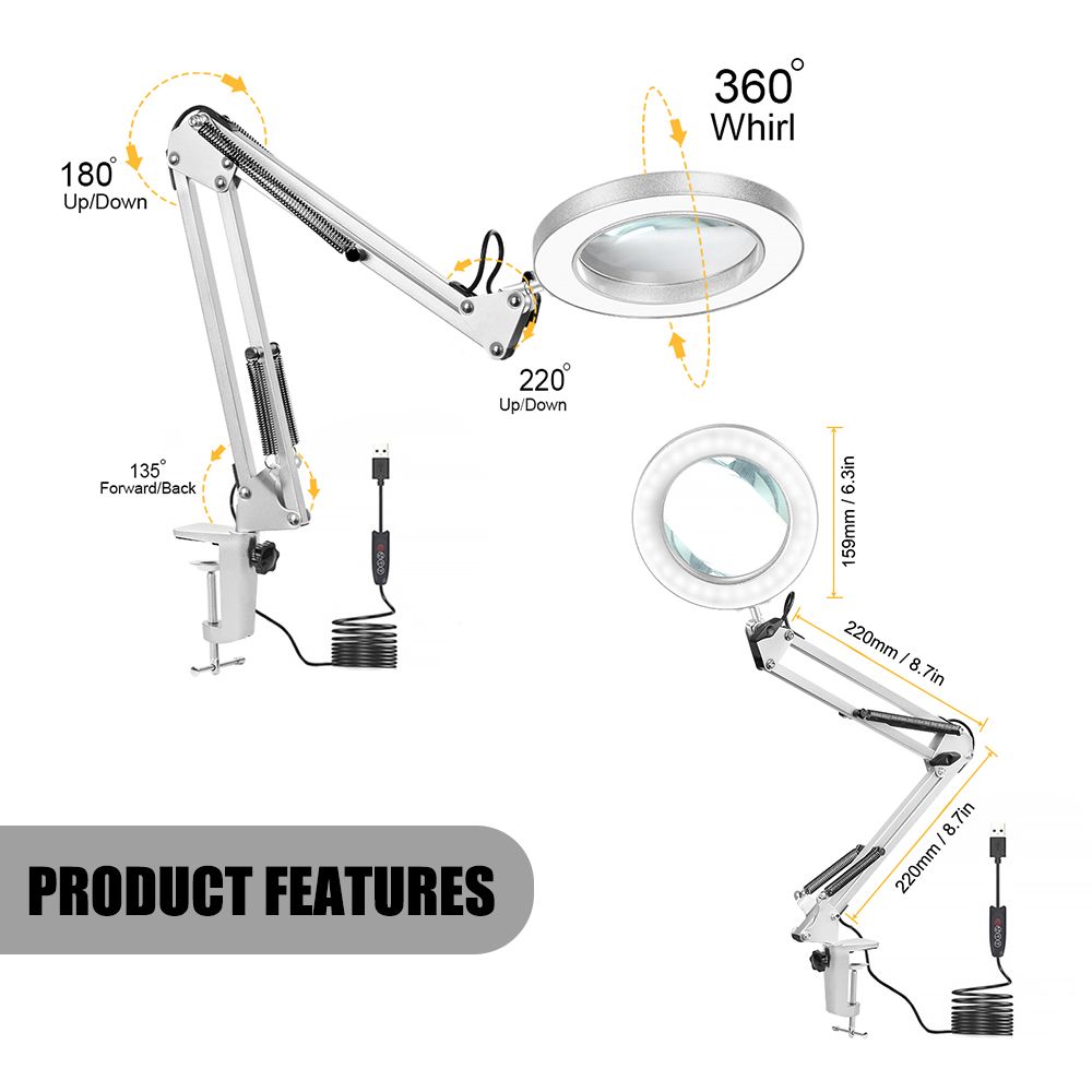 5X-Magnifying-Lamp-Metal-Swing-Arm-3-Color-Modes-LED-Magnifier-Light-Glass-Lens-1698439