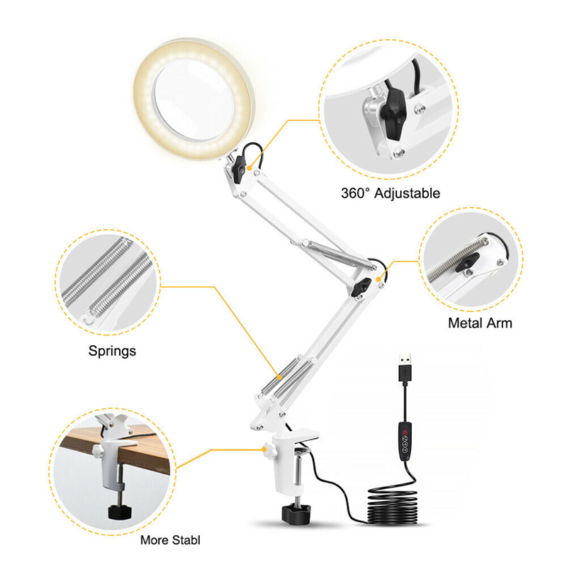 5X-Magnifying-Lamp-Metal-Swing-Arm-3-Color-Modes-LED-Magnifier-Light-Glass-Lens-1698439