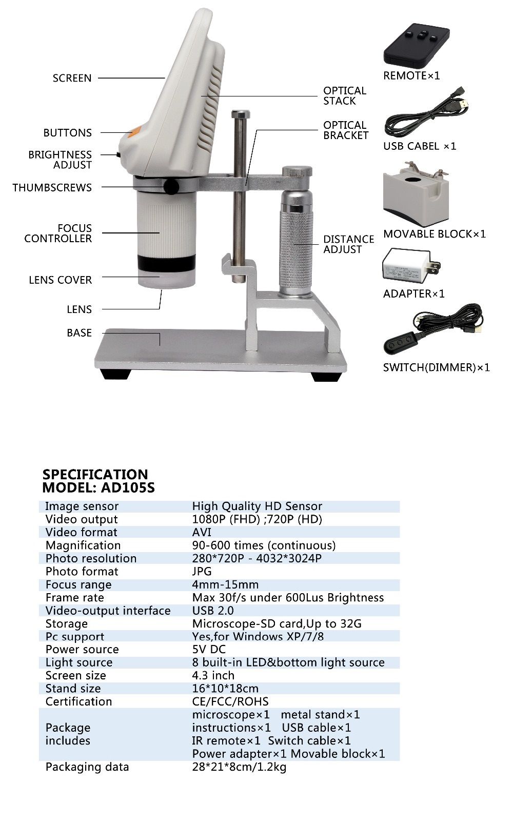 Andonstar-AD105S-43-Inch-600X-FHD-1080P-Digital-USB-Microscope--Built-in-Display-Slides--Movable-Bl-1367010