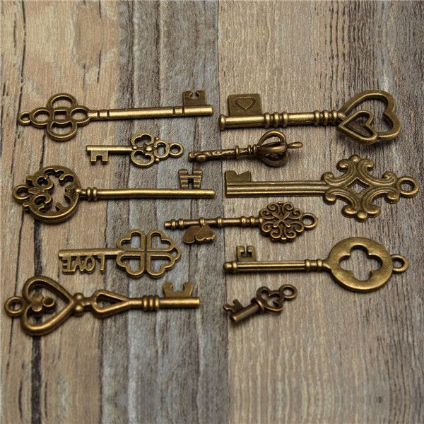 11Pcs-Antique-Vintage-Old-Look-Skeleton-Key-Set-Pendant-Heart-Bow-Steampunk-Lock-986760