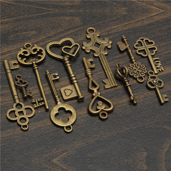 11Pcs-Antique-Vintage-Old-Look-Skeleton-Key-Set-Pendant-Heart-Bow-Steampunk-Lock-986760