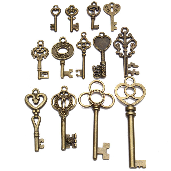 13pcs-Antique-Vintage-Old-Look-Skeleton-Key-Lot-Set-Pendant-Heart-Bow-Lock-Steampunk-Jewel-986823