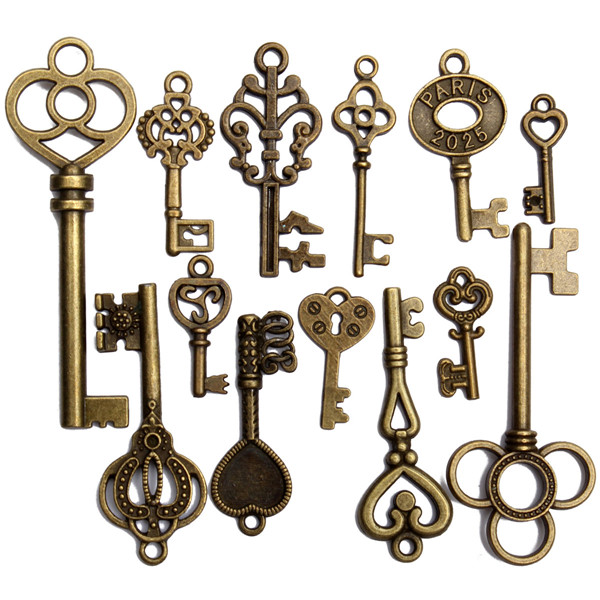 13pcs-Antique-Vintage-Old-Look-Skeleton-Key-Lot-Set-Pendant-Heart-Bow-Lock-Steampunk-Jewel-986823