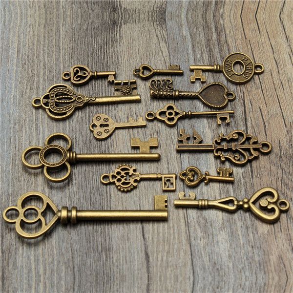 13pcs-Antique-Vintage-Old-Look-Skeleton-Key-Lot-Set-Pendant-Heart-Bow-Lock-Steampunk-Jewel-986823