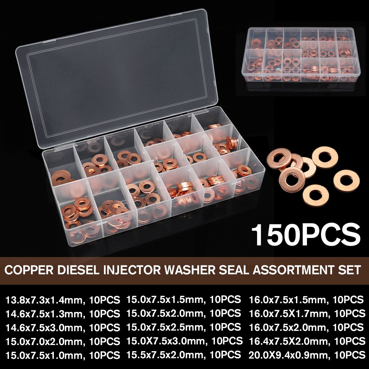 150pcs-Copper-Diesel-Injector-Washer-Seal-Assortment-Set-Fuel-Injector-Seal-Ring-1601467