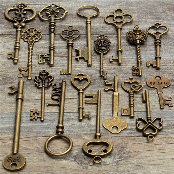 18Pcs-Antique-Vintage-Old-Look-Skeleton-Key-Lot-Pendant-Heart-Bow-Lock-Steampunk-995561