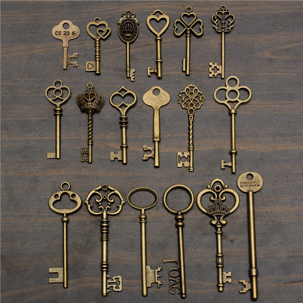 18Pcs-Antique-Vintage-Old-Look-Skeleton-Key-Lot-Pendant-Heart-Bow-Lock-Steampunk-995561