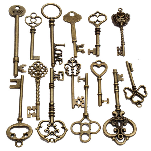 18Pcs-Antique-Vintage-Old-Look-Skeleton-Key-Lot-Pendant-Heart-Bow-Lock-Steampunk-995561