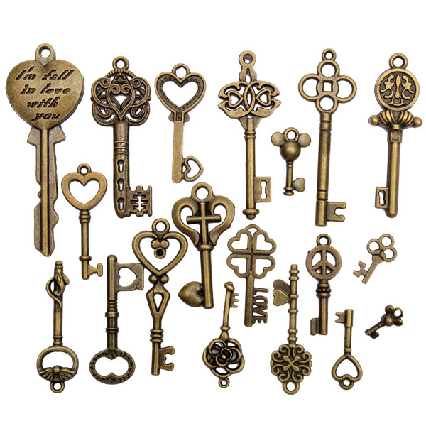 19Pcs-Antique-Vintage-Old-Look-Skeleton-Key-Set-Lot-Pendant-Heart-Bow-Lock-Steampunk-Jewel-986824