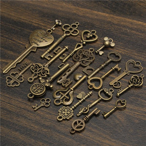 19Pcs-Antique-Vintage-Old-Look-Skeleton-Key-Set-Lot-Pendant-Heart-Bow-Lock-Steampunk-Jewel-986824