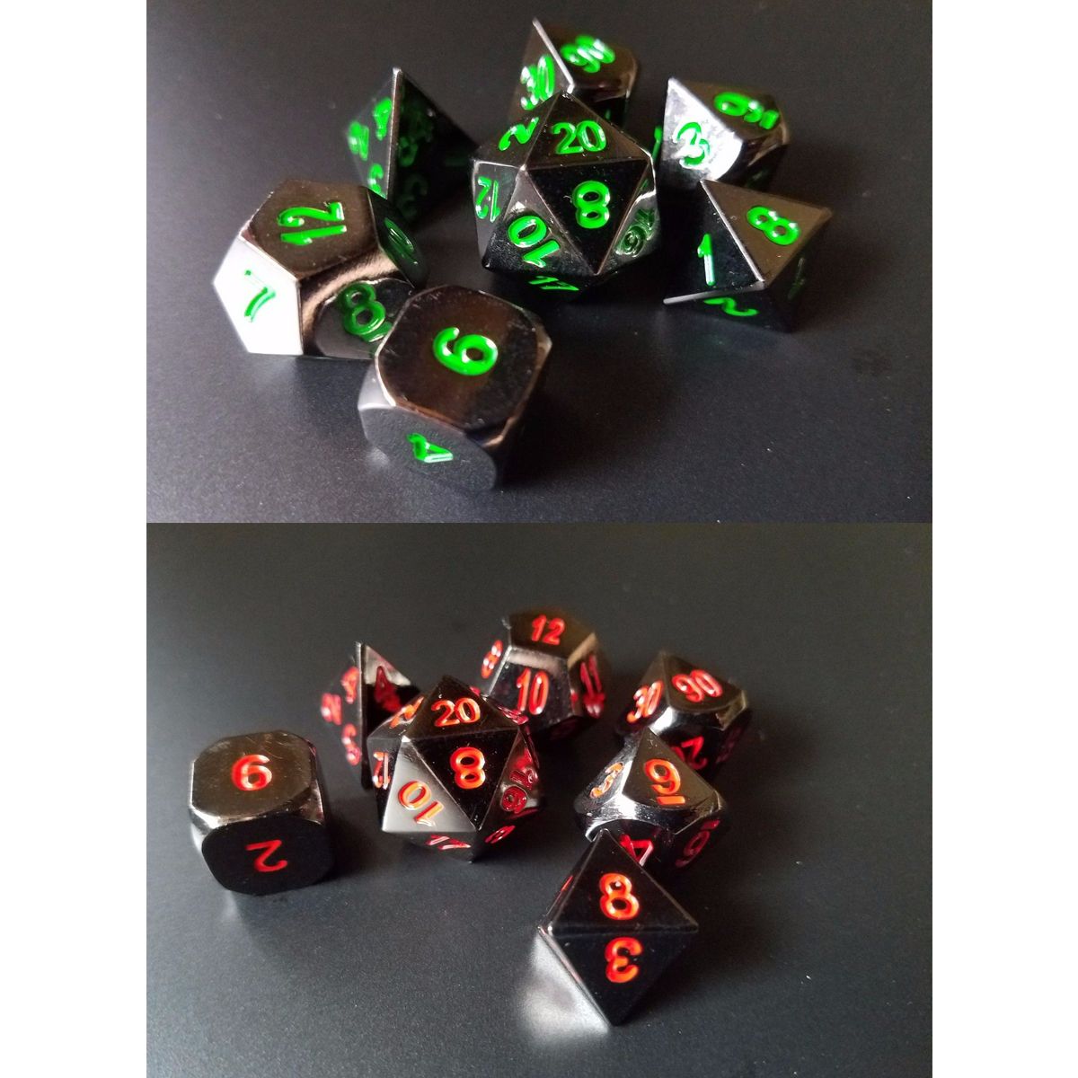 New-Metal-Polyhedral-Dice-with-Bag-Green-Red-7-Piece-Metal-Set-DnD-RPG-1239419