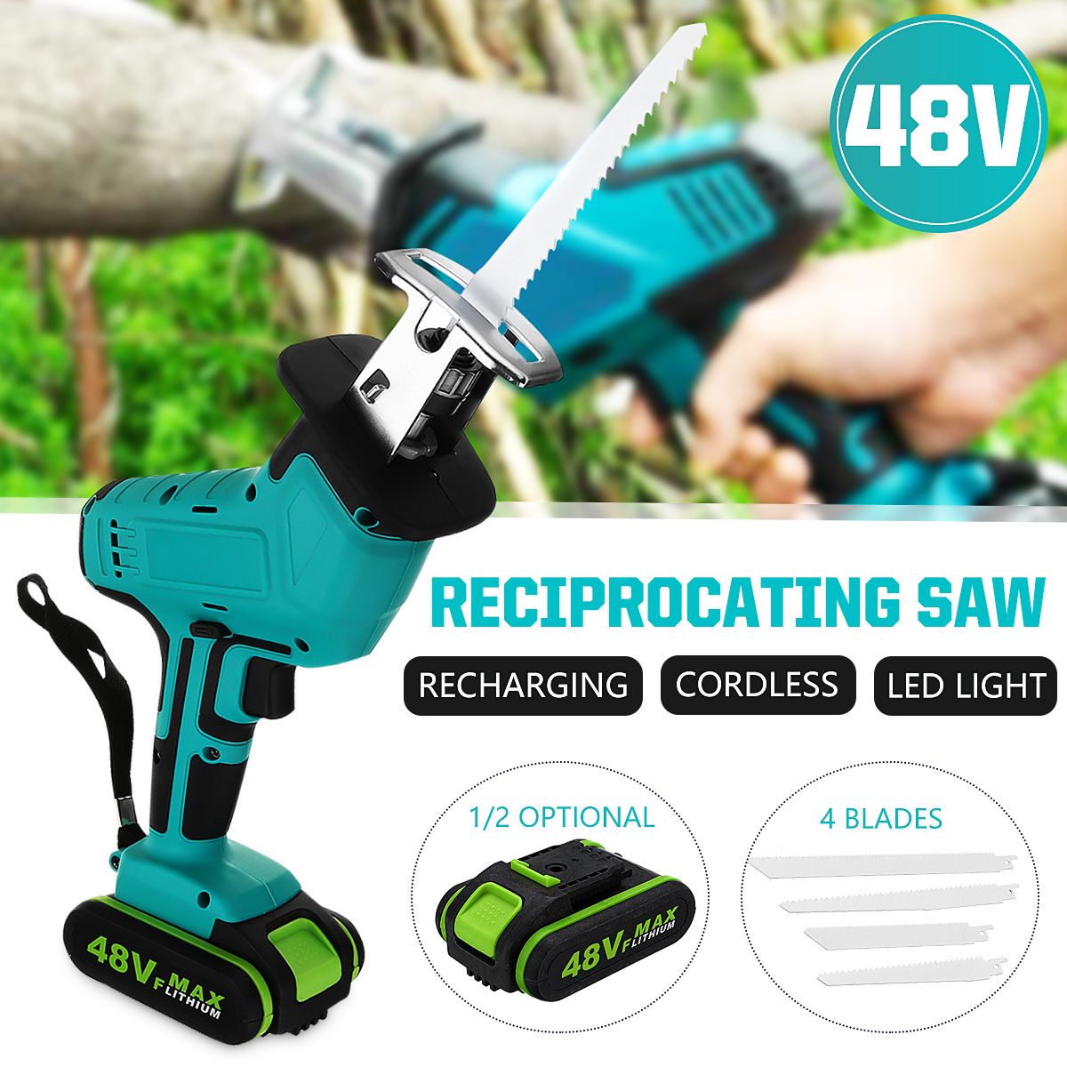 48V-12-Battery-Rechargeable-Cordless-Reciprocating-Saw-JigsawBladesLED-Light-1692721