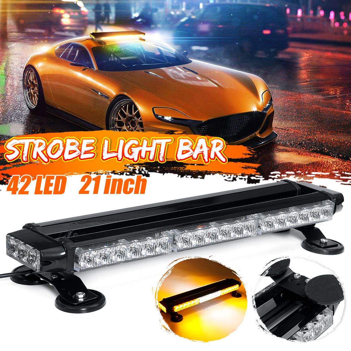 12V-144W-42-LED-Amber-Double-Side-Traffic-Advisor-Strobe-Flash-Light-Bar-Emergency-Light-Magnetic-Un-1589983