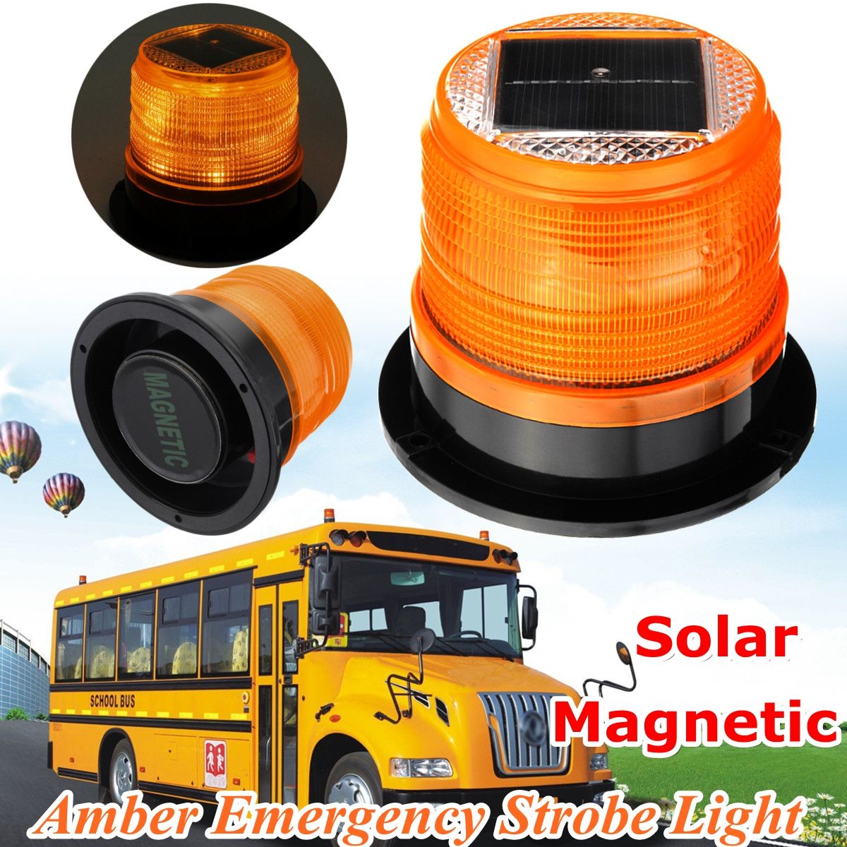 12V-Round-Roof-Solar-LED-Magnetic-Beacon-Light-Emergency-Warning-Strobe-Yellow-IP65-Waterproof-1607856