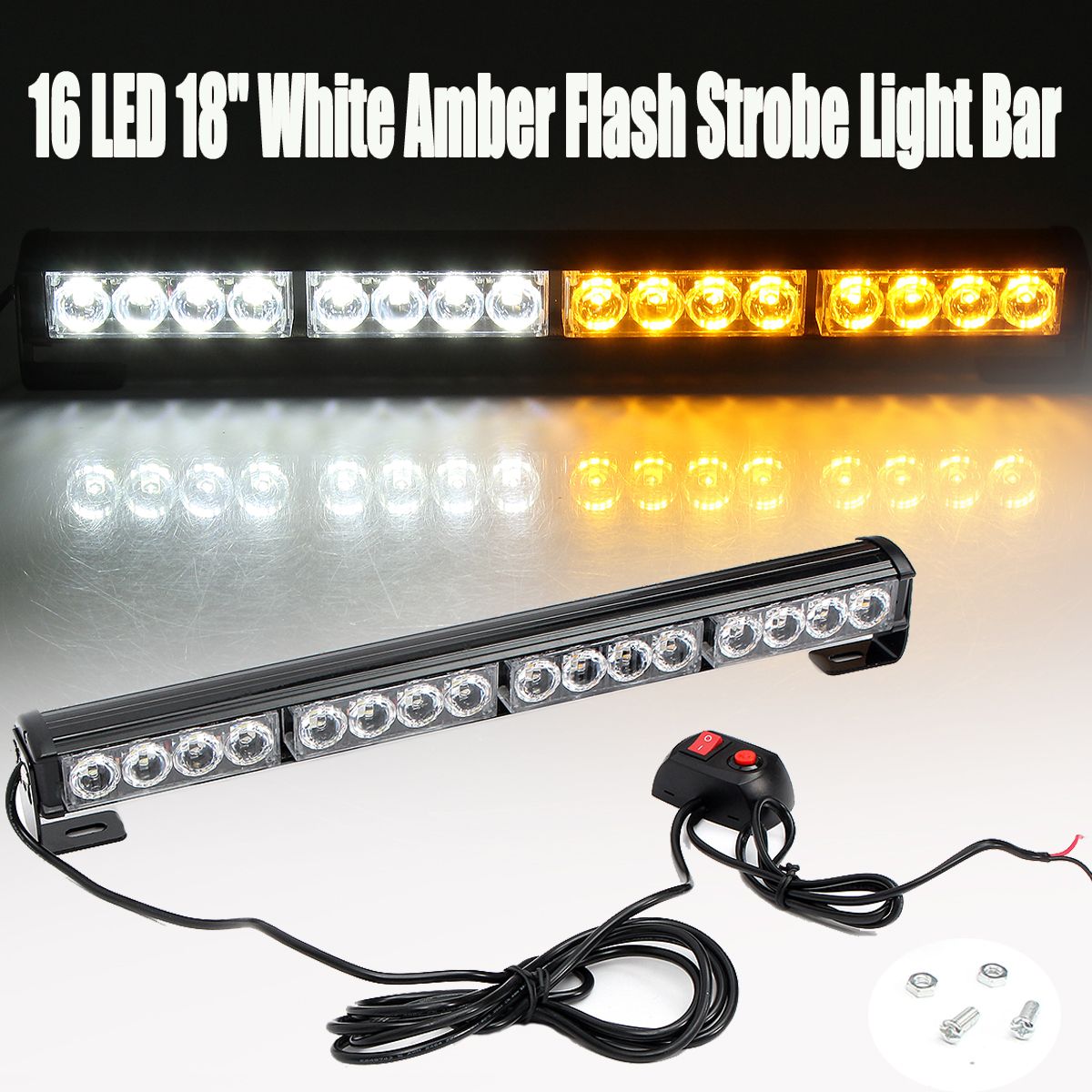 18Inch-16LED-Emergency-Traffic-Advisor-Flash-Strobe-Light-Bar-Warning-Lamp-WhiteAmber-Color-with-Swi-1622045